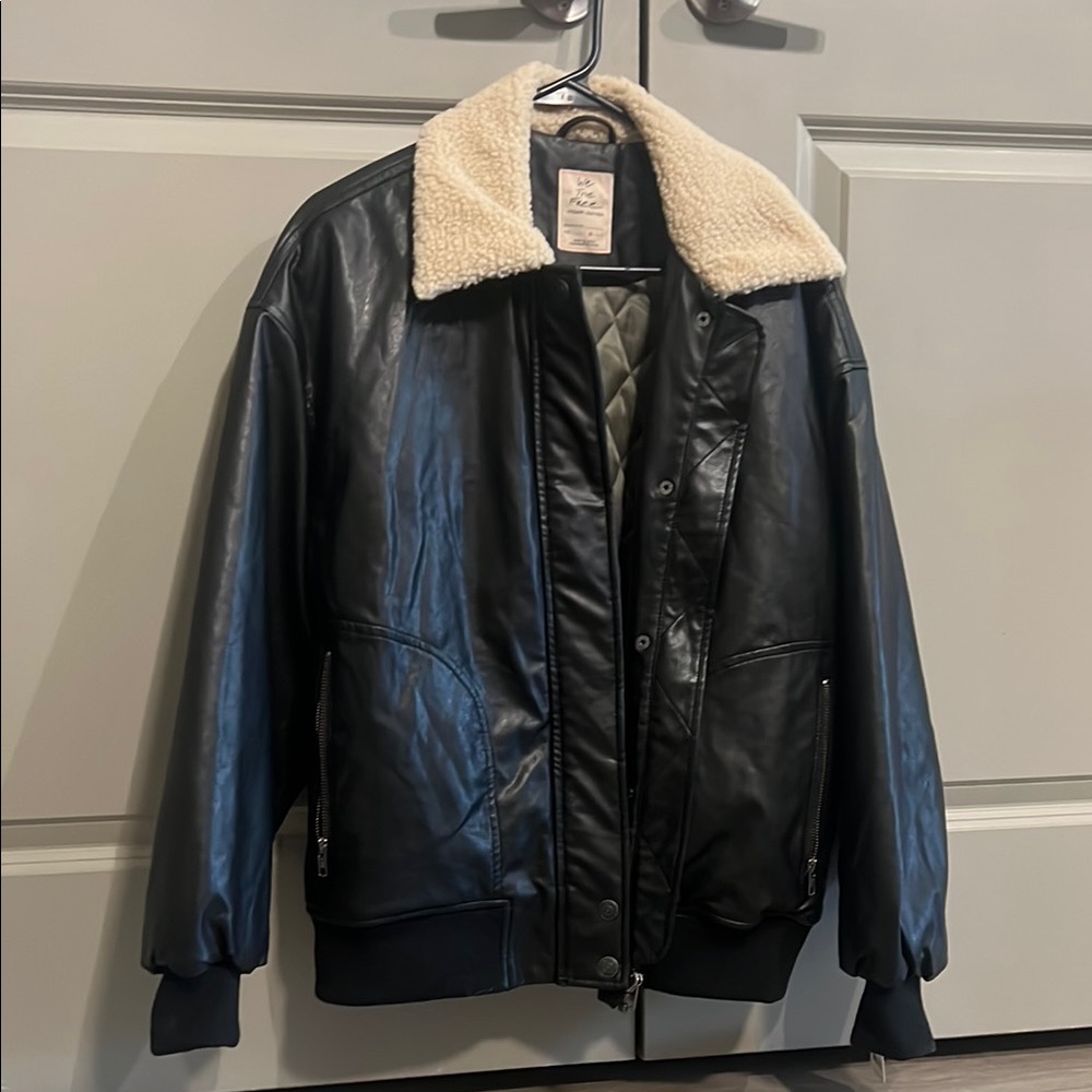 Black Bomber Jacket with Plush Collar and Shiny Finish